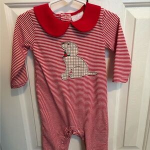 Red Striped Christmas One Piece with Dog Design